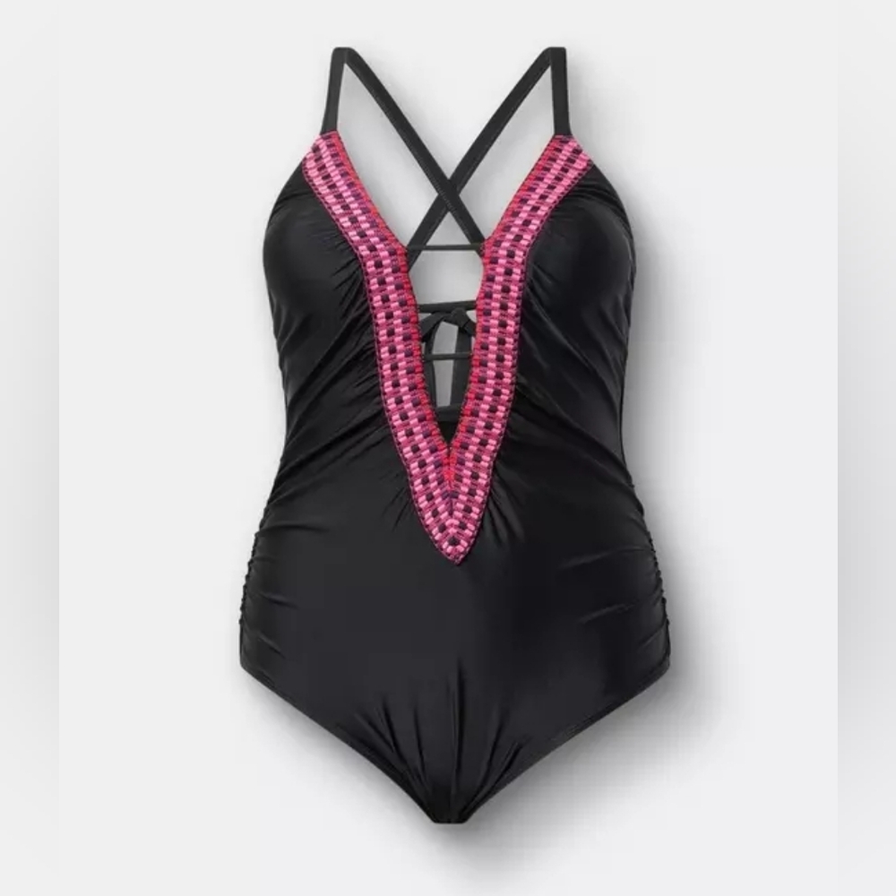 Torrid Strappy Plunge One-Piece Black & Pink Swimsuit Plus Size 3X Nwt - Picture 7 of 7